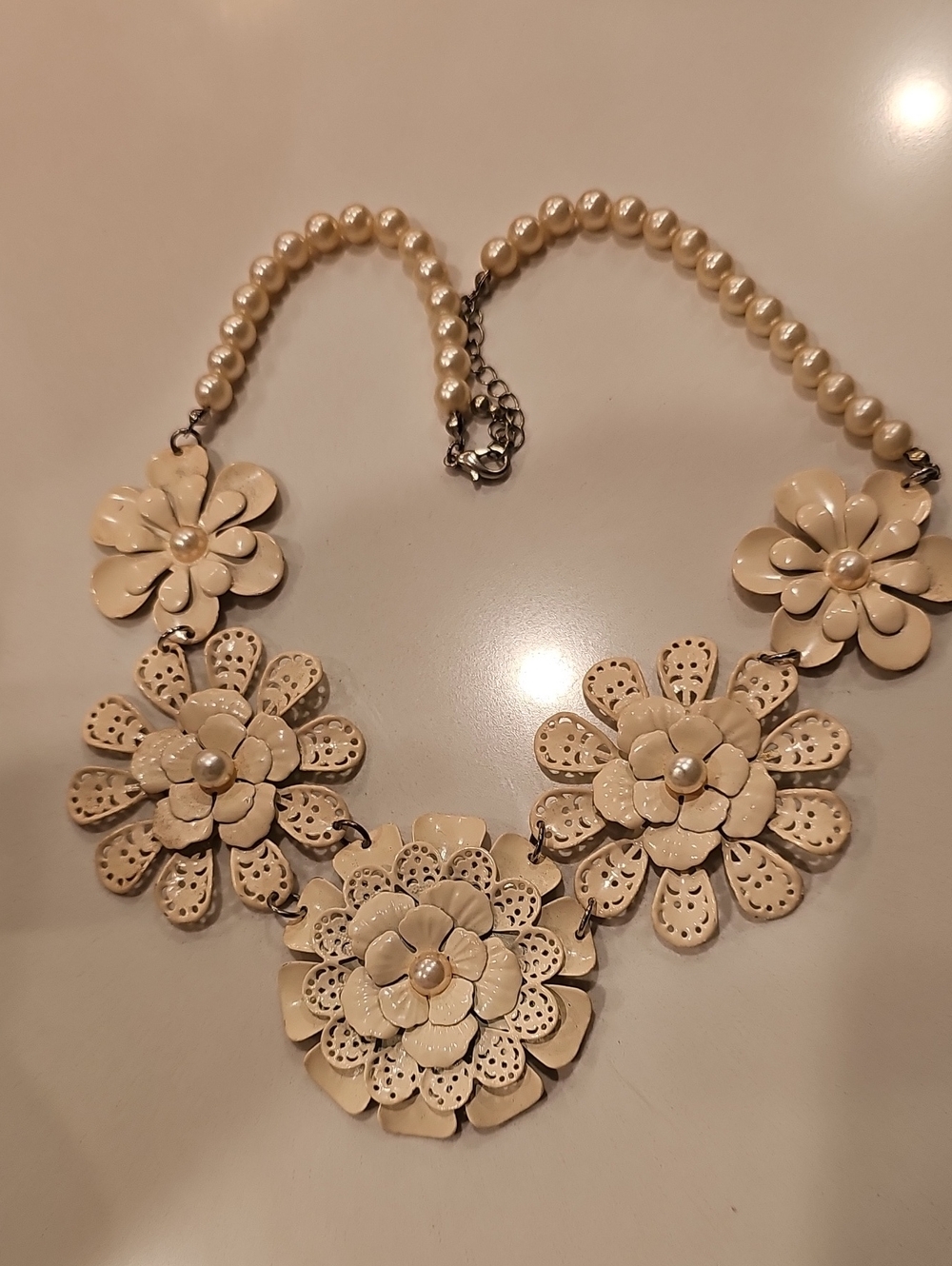 Beige Floral Statement Necklace with Pearlescent Accents